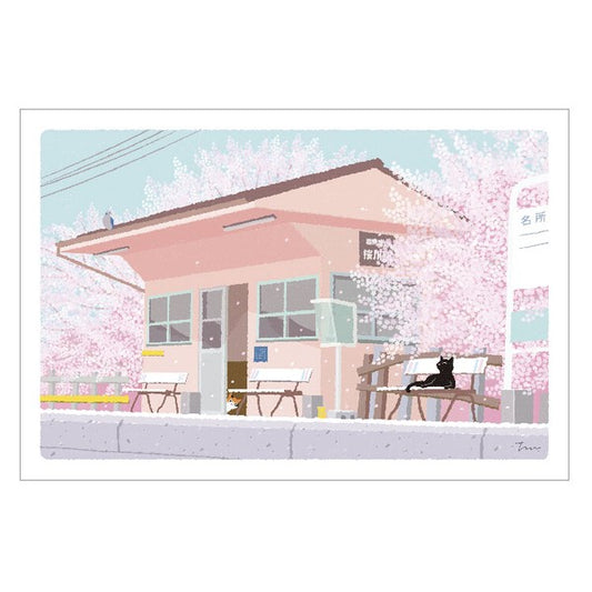 Postcard Tabi-Neko Cherry Blossom viewing at a train station