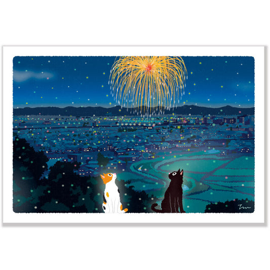 Postcard Tabi-Neko Summer Fireworks