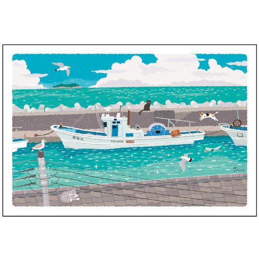 Postcard Tabi-Neko Summer at the Harbor